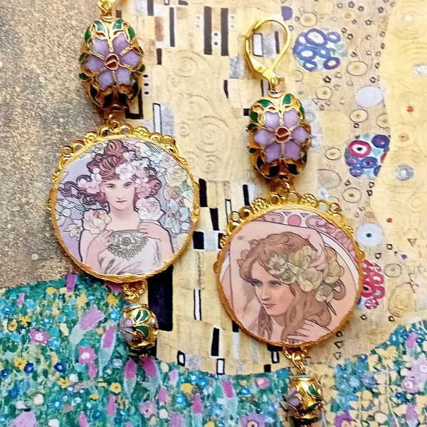 Boucles d'oreilles perles cloisonnées portrait miniature du peintre MUCHA, art-déco.