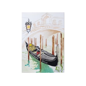 Original Venice Rialto Bridge Gondola and Lamp original watercolor on drawing paper