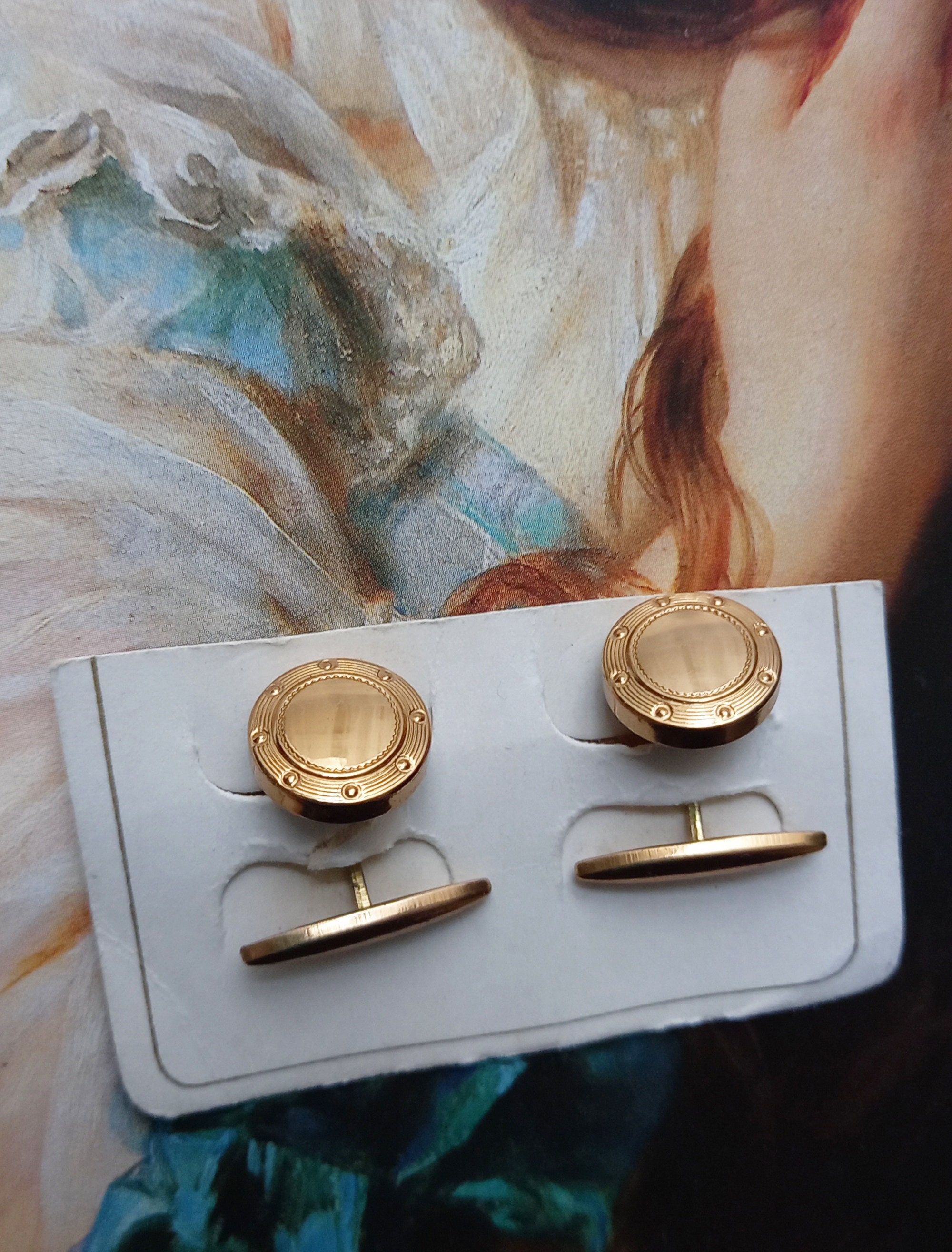 Boutons De Manchette Vintage Années 1940 - Ton Or Et Bleu Clair, Occasion