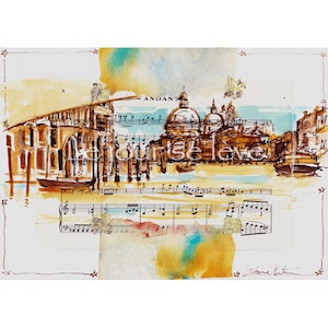 CANALETTO DI VENEZIA Disegno originale a inchiostro con tocchi di foglia d&#39;oro