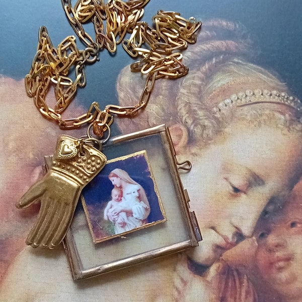 Grand Pendentif carré portrait variable verre et breloques baroques