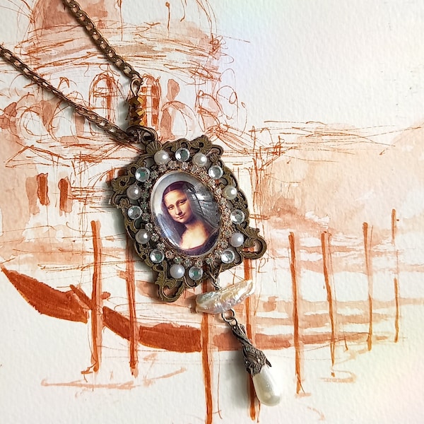 Pendentif baroque perle ancienne portrait La Joconde Léonard de Vinci