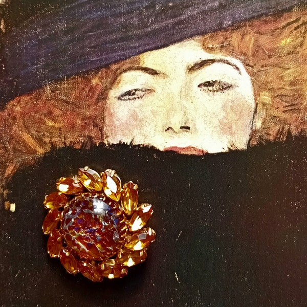 Broche cristal orange, cabochon rond métal doré vintage