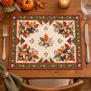 May include: A rectangular quilted placemat featuring a central cream-colored panel with an acorn and leaf motif, surrounded by four corner clusters of red mushrooms, blackberries, and autumn leaves, all framed by a dark green floral border.