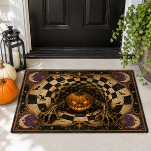 May include: A rectangular doormat featuring a 3D-style illustration of a glowing jack-o'-lantern with skeletal hands emerging from a black and white checkered hole, surrounded by purple crescent moons, stars, and small bats on a dark border.