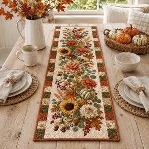 May include: A rectangular table runner featuring a central floral and botanical print with sunflowers, dahlias, pumpkins, and acorns in shades of orange, yellow, green, and cream, bordered by a patchwork pattern of small squares in autumn colors.