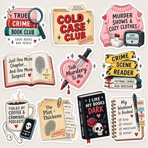 May include: A collection of eleven die-cut stickers featuring true crime themes, including books, a coffee mug, a file folder, a sweater, and a notepad. The designs incorporate text such as True Crime Book Club, Cold Case Club, and My Weekend Is Booked, alongside illustrations of skulls, daggers, and fingerprints.
