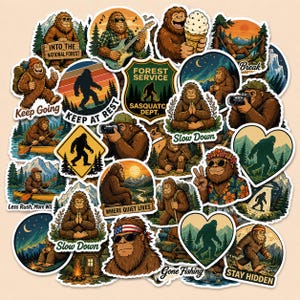 May include: A collection of die-cut vinyl stickers featuring various illustrations of a brown, furry Sasquatch character. The designs include the creature hiking, playing guitar, eating ice cream, meditating, taking photos, and relaxing in nature settings.