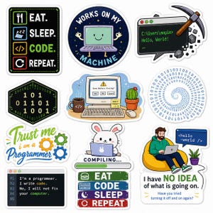 May include: A collection of eleven vinyl stickers featuring programming themes, including text like Eat Sleep Code Repeat, Works on My Machine, Hello World, binary code spirals, a rabbit compiling code, and a person sitting in a yellow beanbag chair.