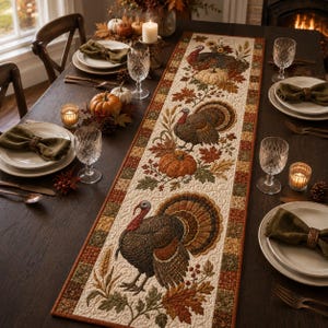 May include: A rectangular quilted table runner featuring a repeating pattern of turkeys, pumpkins, and autumn leaves in shades of brown, orange, and green. The runner has a cream-colored center panel with a decorative border of small squares.