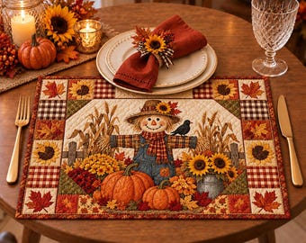 Scarecrow Fall Placemat, Quilted Thanksgiving Table Mat, Pumpkin Sunflower Autumn Decor, Rustic Harvest Dining Table Setting, Farmhouse Gift