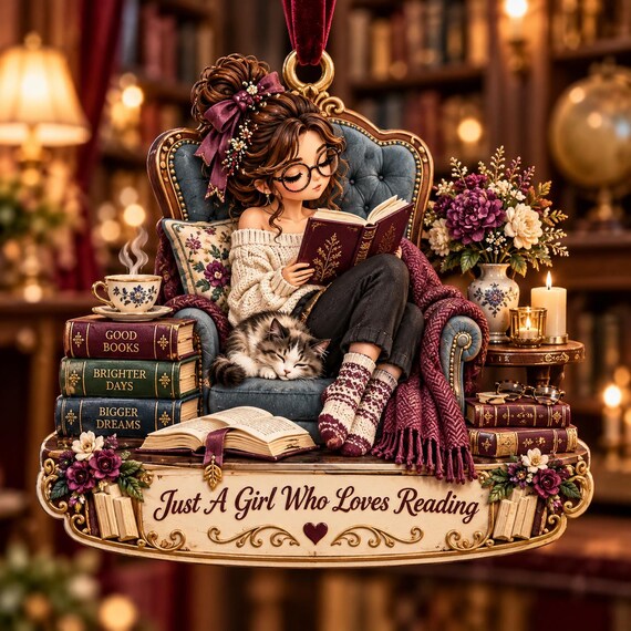 Personalized Book Lover Ornament, Reading Girl Christmas Ornament, Reader Gift for Her, Bookworm Keepsake, Cozy Holiday Decor