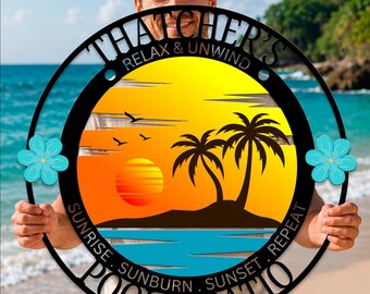 Personalized Pool & Patio Metal Sign, Family Poolside Decor, Tropical Sunset Metal Wall Art, Beach House Outdoor Sign, Summer Pool Sign