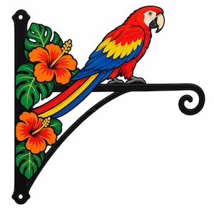 Macaw Metal Pot Hanger, Tropical Hibiscus Flower Wall Bracket, Colorful Parrot Garden Decor, Exotic Bird Gift for Nature Lovers