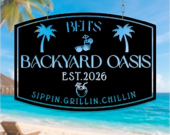 Personalized Backyard Oasis Metal Sign, Pool Patio Sign, Summer Outdoor Metal Wall Art, Tropical Backyard Decor, Family Pool Sign