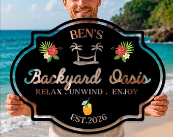 Personalized Backyard Oasis Metal Sign, Custom Family Pool Patio Sign, Tropical Summer Metal Wall Art, Outdoor Decor, Backyard Bar Sign