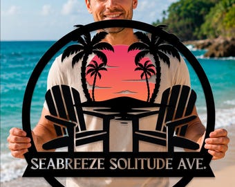 Personalized Beach House Metal Sign, Coastal Address Sign, Seabreeze Solitude Avenue Sign, Tropical Sunset Metal Wall Art, Beach Patio Decor