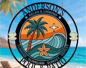 Personalized Beach Metal Sign, Family Pool Patio Sign, Summer Metal Wall Art, Tropical Palm Tree Decor, Poolside Outdoor Sign, House Gifts