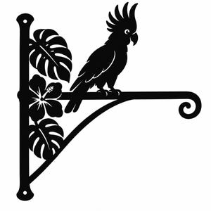 Cockatoo Metal Pot Hanger, Tropical Bird Garden Bracket, Hibiscus Flower Wall Decor, Parrot Silhouette Plant Hook, Bird Lover Gift