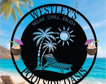 Personalized Poolside Oasis Metal Sign, Custom Family Pool Sign, Tropical Summer Metal Wall Art, Pool Patio Decor, Backyard Oasis Sign