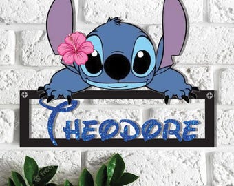 Personalized Stitch Name Metal Sign, Custom Kids Room Decor, Hawaiian Alien Wall Art, Nursery Sign, Name Plaque, Kids Bedroom Metal Sign