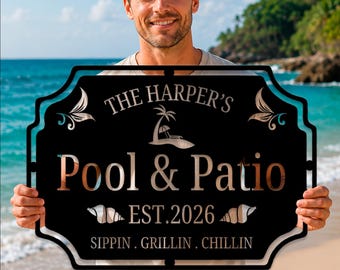 Personalized Pool & Patio Metal Sign, Family Poolside Decor, Outdoor Patio Wall Art, Backyard Oasis Sign, Summer Metal Sign, Pool Area Gift