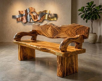 Banco de madera artesanal hecho a mano, muebles orgánicos con borde natural, asientos rústicos para galería, banco escultural de madera de teca, decoración rústica de lujo para el hogar.