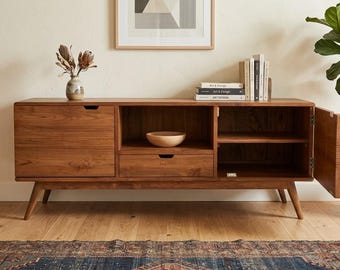 Mid Century Modern Teak Media Konsole | 60 Zoll Massivholz TV-Ständer mit Aufbewahrung | Handgefertigtes Unterhaltungszentrum, Sideboard Sideboard Credenza