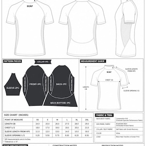 Puede incluir: Un documento de diseño técnico para una camiseta de compresión con vistas frontal, trasera y lateral, piezas de patrón, guía de medidas, tabla de tallas en pulgadas, especificaciones de tela y notas de construcción para una capa base.