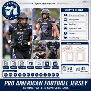 Puede incluir: Un paquete de patrones de costura digital para una camiseta de fútbol americano, con imágenes de atletas en camisetas negras y moradas con el texto Wildcats. Incluye tabla de tallas, guía de impresión y vistas previas de patrones de Y2XS a 3XL.