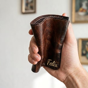 Personlig bifold läderplånbok, handsydd vegetabiliskt garvad kohud, myntficka