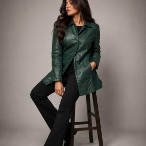 Green Genuine Leather Blazer Jacket, Classic Button Front Coat