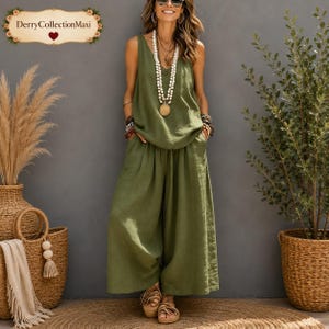 Baumwolle Leinen Zweiteiler Damen, ärmellose Weste und Hose mit weitem Bein, Boho Lounge