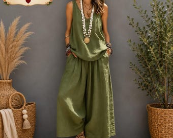 Conjunto de dos piezas de algodón y lino para mujer, chaleco sin mangas y pantalón de pierna ancha, estilo bohemio.