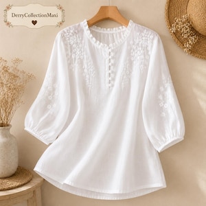 Weiße Bestickte Bluse, Cottagecore Top, Boho Bauern Hemd, Blumen Stickerei Tunika