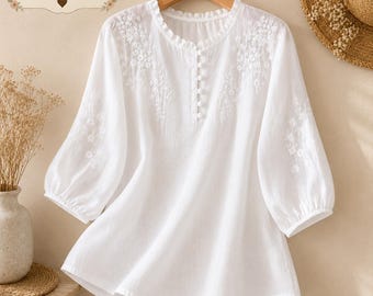 White Embroidered Blouse, Cottagecore Top, Boho Peasant Shirt, Floral Embroidery Tunic