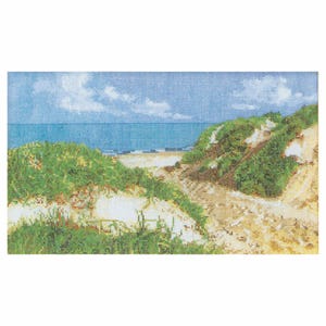 Könnte beinhalten: Eine Kreuzstichstickerei, die eine Küstenlandschaft mit sandigen Dünen und grüner Vegetation darstellt, die zu einem blauen Ozean unter einem hellblauen Himmel mit weißen Wolken führt. Die Szene zeigt texturierte Stiche in Beige-, Grün- und Blautönen.