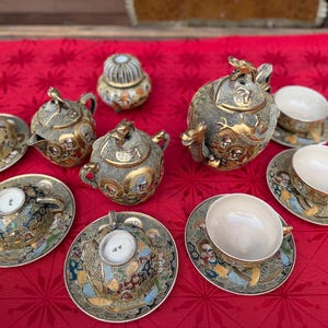 Antique Japanese Satsuma Dragon Tea Set, Meiji Period Shinzan Mark, Hand Painted Moriage Immortals, Asian Oriental Earthenware Service