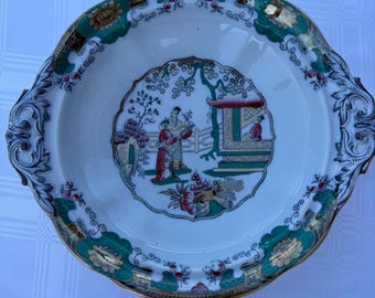 Antique Boch Freres Canton Serving Bowl, Large BF Chinoiserie Dish with Handles, 19th Century Belgian Faience, Famille Rose Style Decor