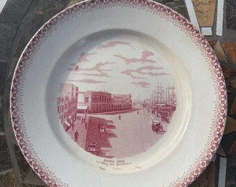 Set of 2 Antique Boch Freres Keramis Plates, Buenos Aires Argentina Historical Views, Rare Red Transferware BF Keramis Wall Decor