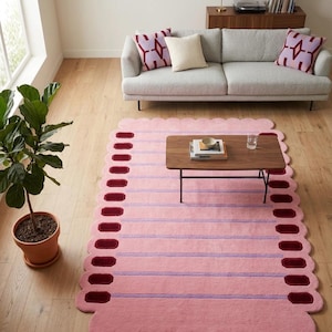 Rosa vågig matta, modern handtuftad ullmatta, abstrakt designermatta, vardagsrumsmatta i anpassad storlek, modern heminredning