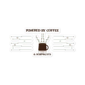 May include: A die-cut sticker featuring a brown coffee mug in the center with electronic circuit lines rising like steam. The text reads POWERED BY COFFEE at the top and & SCHEMATICS at the bottom, with additional circuit diagrams on both sides.