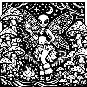 May include: A black and white illustration featuring an alien fairy with large wings, wearing a crop top, skirt, and leg warmers. The figure stands amidst a forest of spotted mushrooms under a starry night sky with a crescent moon and a small fire.