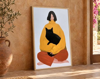 Ilustración minimalista de una mujer con un gato, suéter amarillo y un acogedor cuadro.