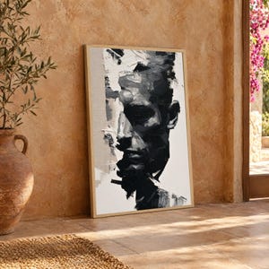 Figurativer Kunstdruck, expressionistisches Porträt einer männlichen Figur, moderne Wohndekoration, abstraktes Schwarz-Weiß-Kunstwerk