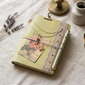May include: A light green journal featuring a silver metal clip at the top, a purple lace trim, and a thin purple elastic band. A silver chain, a small bee charm, and a rectangular card with a rose illustration are attached to the front cover.