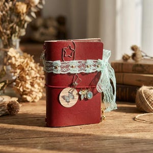 May include: A deep red leather journal wrapped with a light mint green lace ribbon. The cover features a silver star-shaped paperclip, a circular tag with a butterfly illustration, and two small dangling charms, one butterfly and one blue gem.