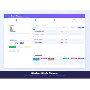 May include: A digital study planner interface featuring a purple header with the text Study Planner. The dashboard includes a subjects list, a focus timer set to 25:00, a task management section with status indicators, and a weekly schedule grid.