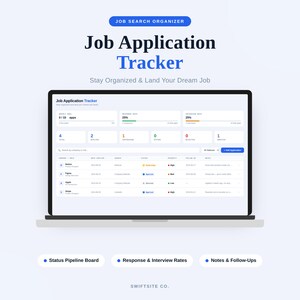 May include: A digital job application tracker displayed on a laptop screen. The interface features a dashboard with weekly goals, response rates, interview rates, and a detailed table for tracking company names, roles, dates, status, and notes.