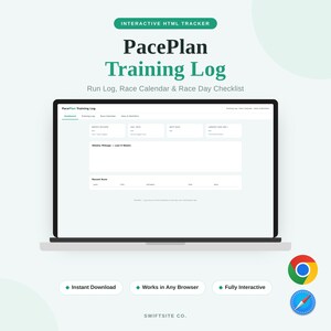 May include: An interactive HTML PacePlan Training Log displayed on a laptop screen, featuring a dashboard with sections for weekly mileage, recent runs, race calendar, and race day checklist. Includes icons for Chrome and Safari browsers.